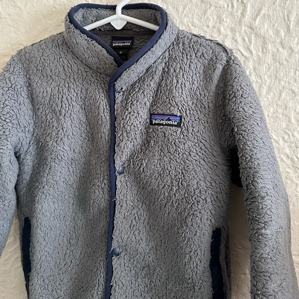 Patagonia Toddler 4T Sherpa Fleece Snap Front Jacket Gray Navy Blue 3 in 1 Liner - Picture 2 of 6